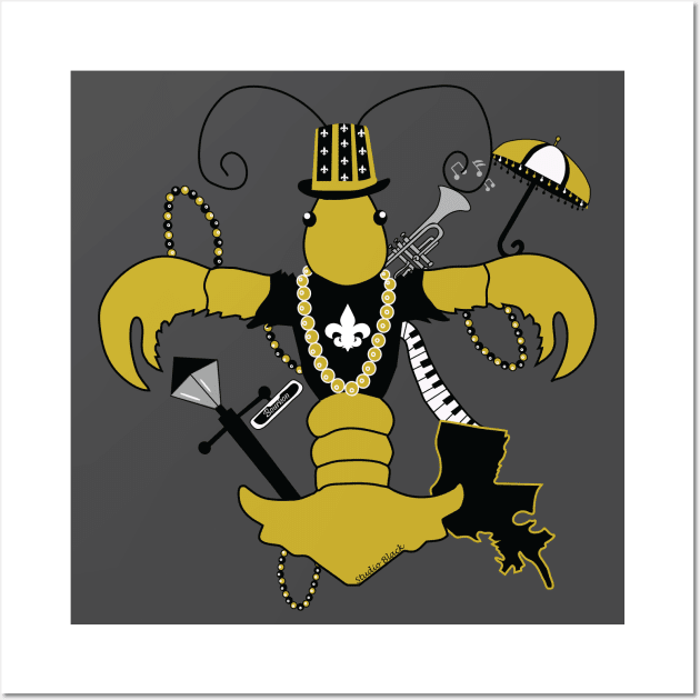 New Orleans Black and Gold Louisiana Crawfish Fleur de Lis Wall Art by Little Shop of Nola